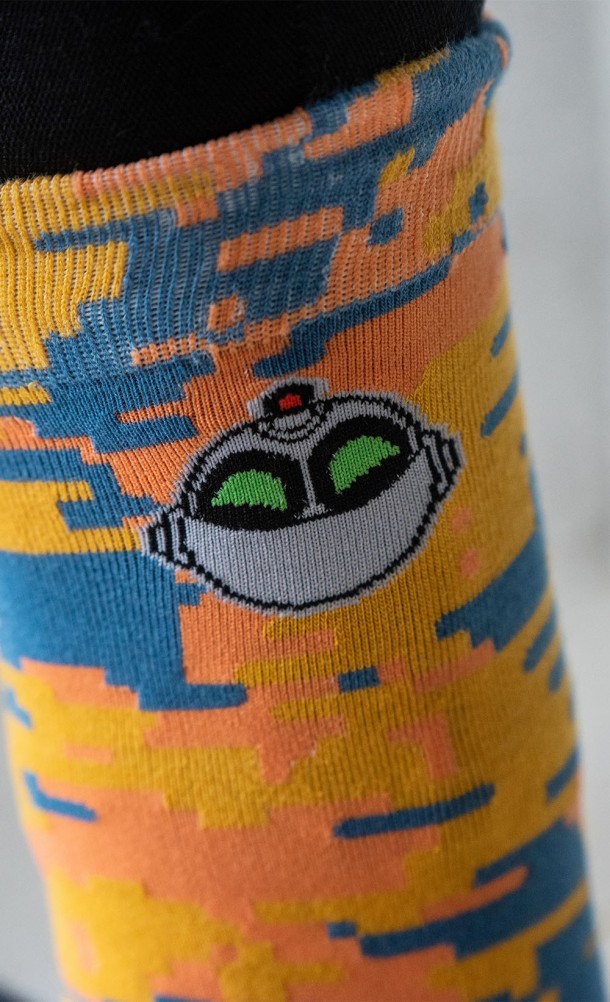 Close up detail on Clank from our Ratchet & Clank Pixel socks from our Ratchet & Clank collection