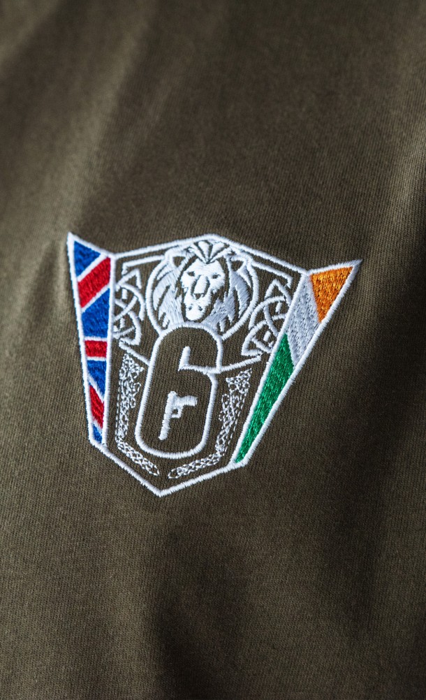 Close up detail of the embroidered chest emblem on the 6 siege nationals T-shirt from our 6 siege collection