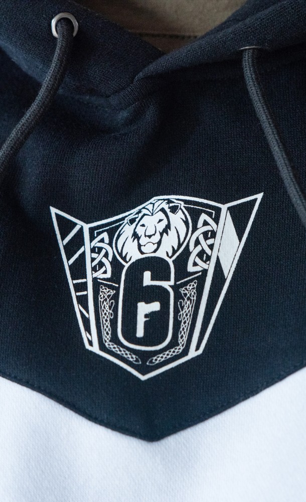 Close up detail of the printed chest emblem on the 6 siege nationals hoodie from our 6 siege collection