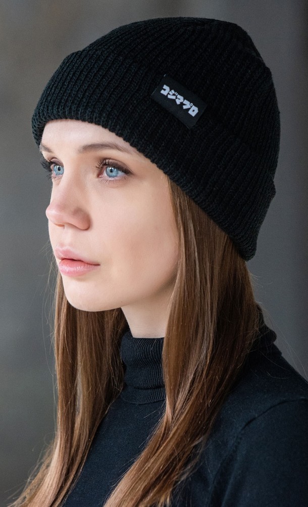 Model wearing the Kojima Beanie from our Kojima Productions collection