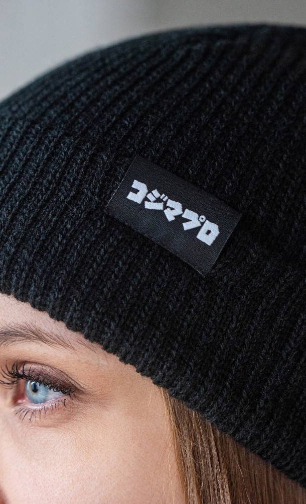 Close up detail on the print of the Kojima Beanie from our Kojima Productions collection