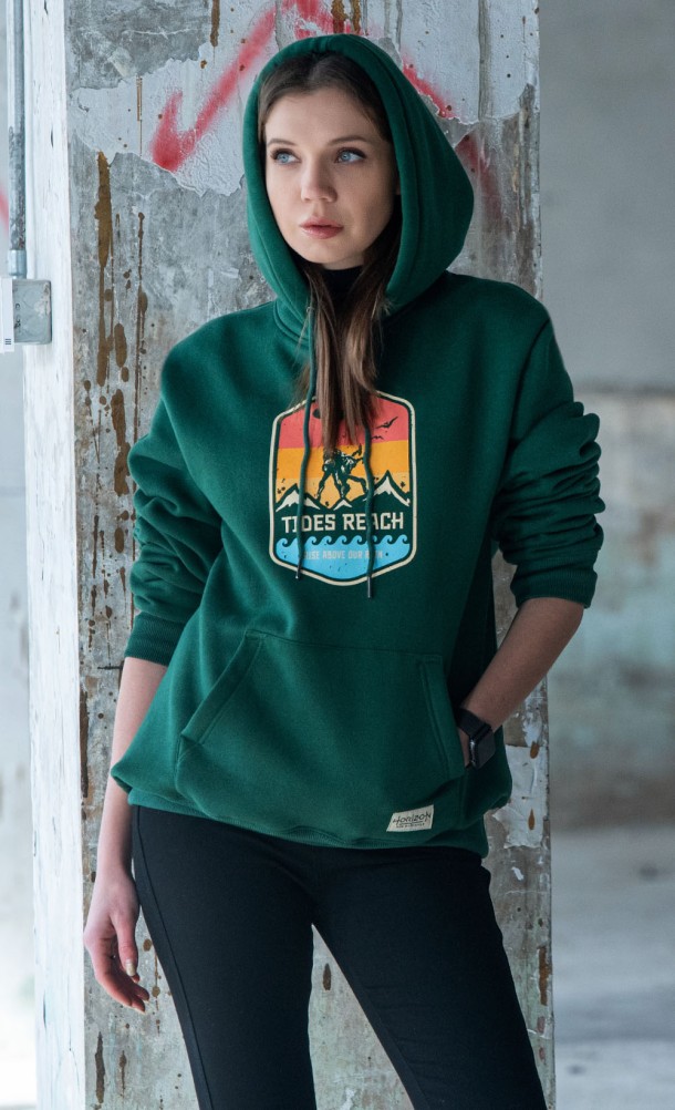 Model wearing the Tide's Reach hoodie from our Horizon Forbidden West collection