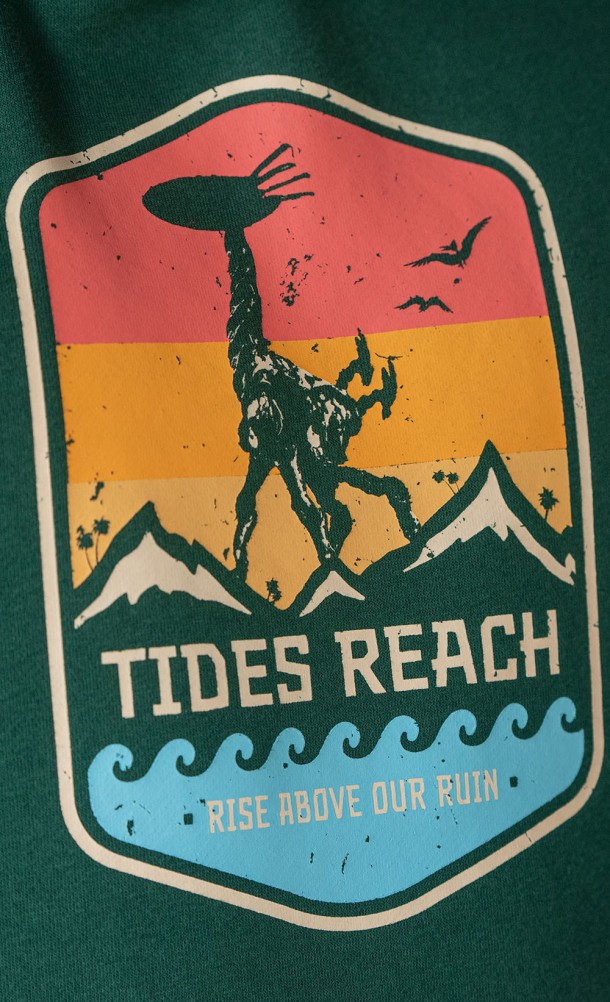 Close up detail on the front print of the Tide's Reach hoodie from our Horizon Forbidden West collection