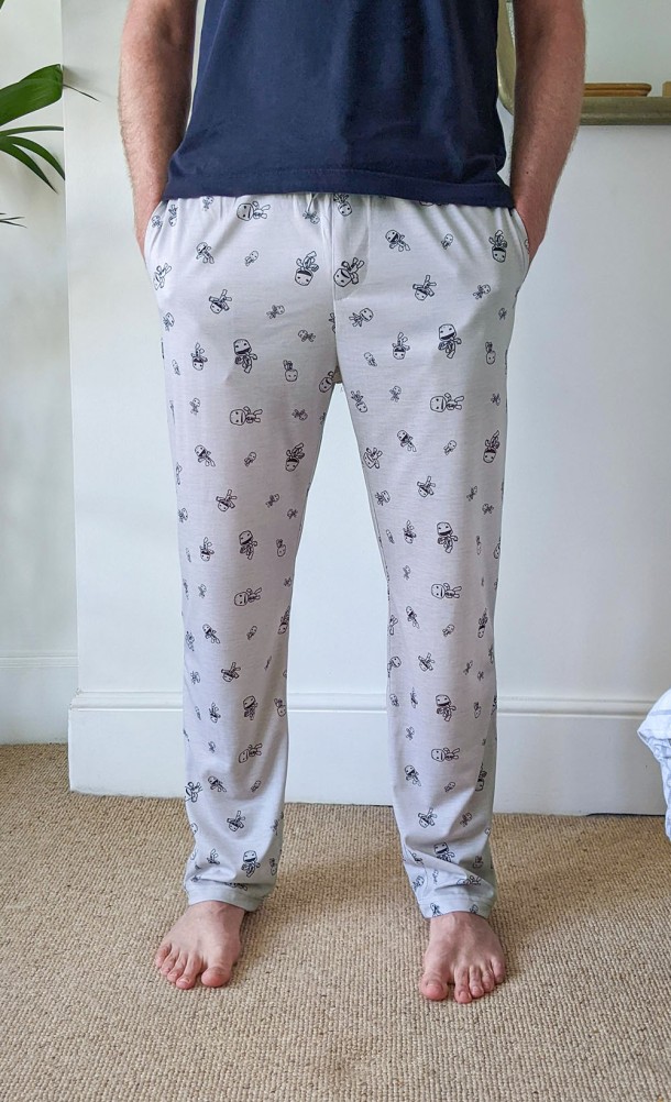 Model wearing the Sackboy Pattern PJ Bottoms from our Sackboy collection