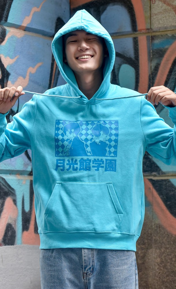 Model wearing the Persona 3 Hoodie from our persona 25th Anniversary collection