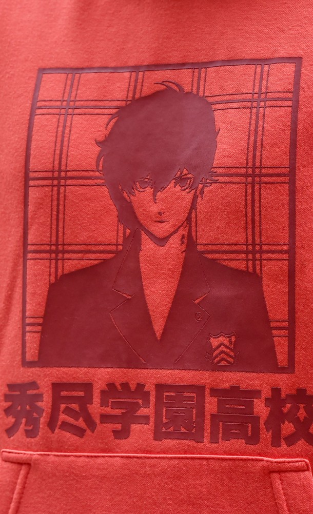 Close up detail on the front print of the Persona 5 Hoodie from our Persona 25th Anniversary collection