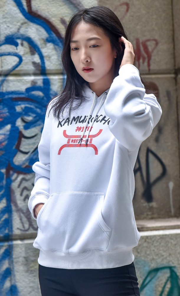 Model wearing the Kamurocho Hoodie from our Yakuza collection