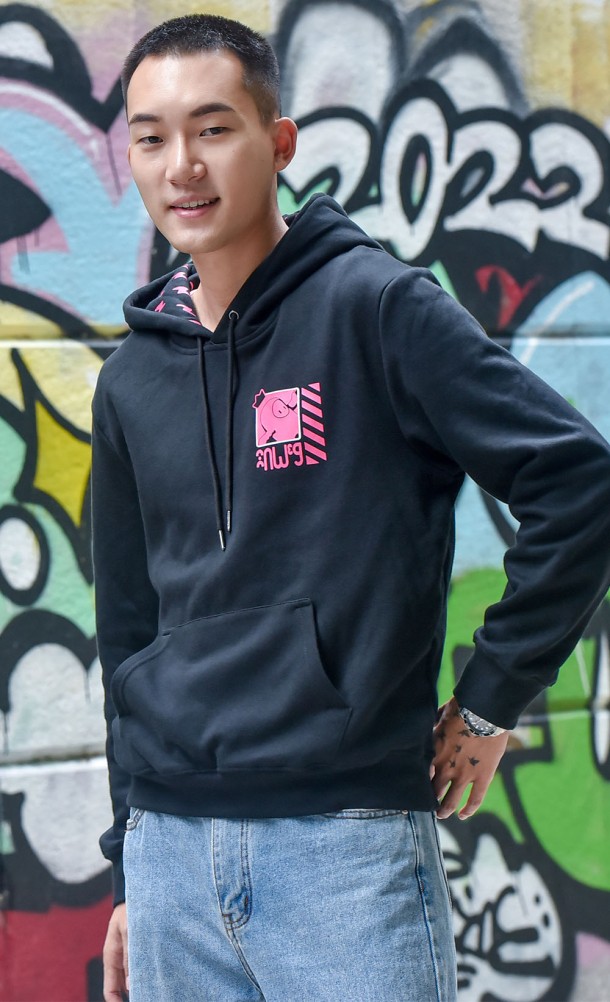 Model wearing the Falling Bean hoodie from our Fall Guys collection