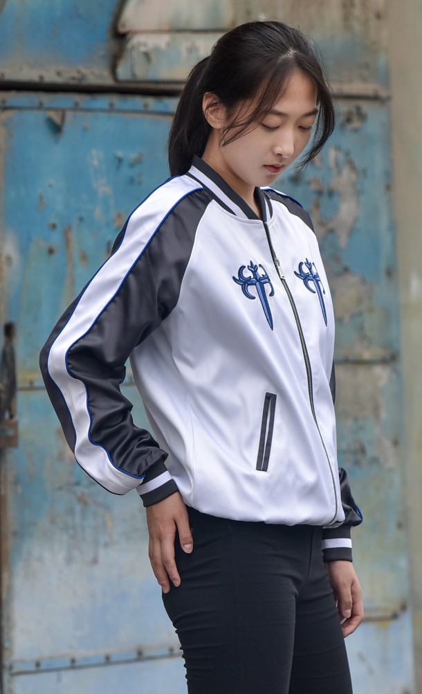Model wearing the FFXIV Endwalker Paladin Jacket from our Final Fantasy XIV collection