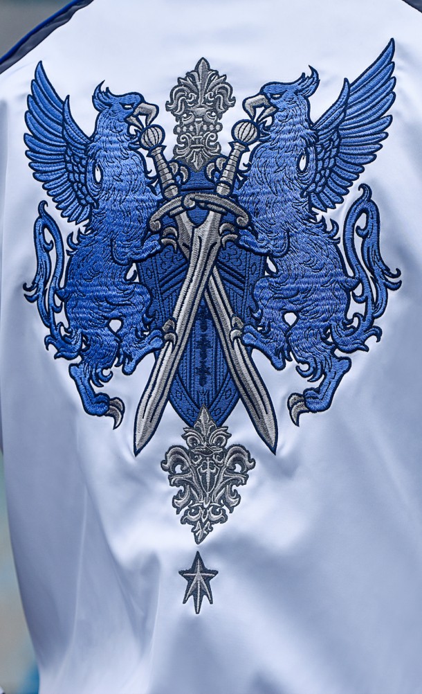 Close up detail on the back print of the FFXIV Endwalker Paladin Jacket from our Final Fantasy XIV collection