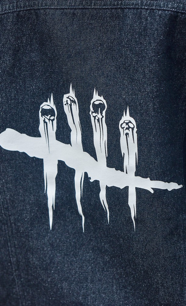 Close up detail of the back print on the DbD Denim jacket from our Dead by Daylight collection