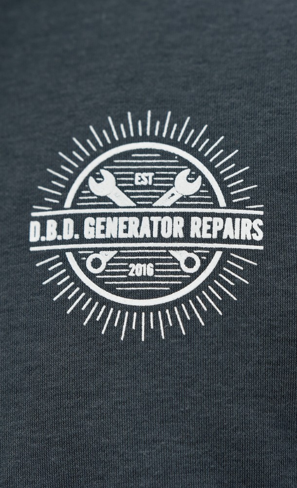 Close up detail of the chest print on the Generator Repairs hoodie from our Dead by Daylight collection