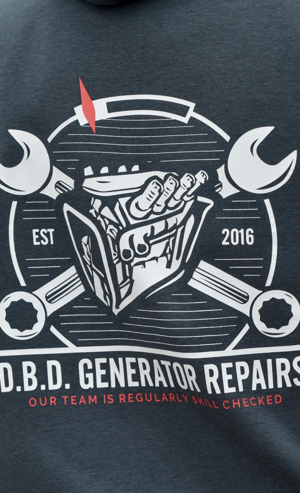 Close up detail of the back print on the Generator Repairs hoodie from our Dead by Daylight collection