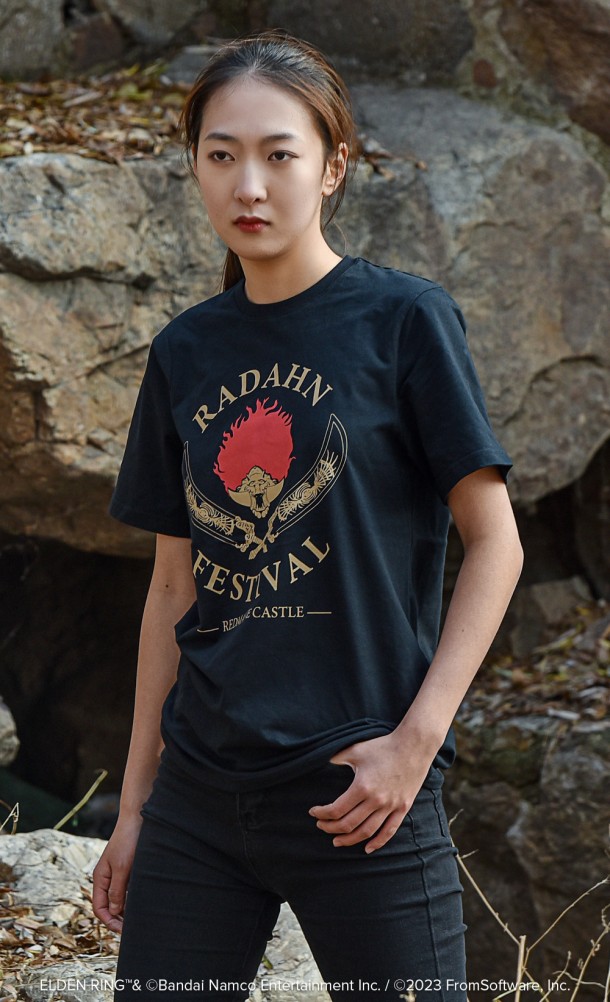 Model wearing the Radahn Festival T-Shirt from our Elden Ring collection