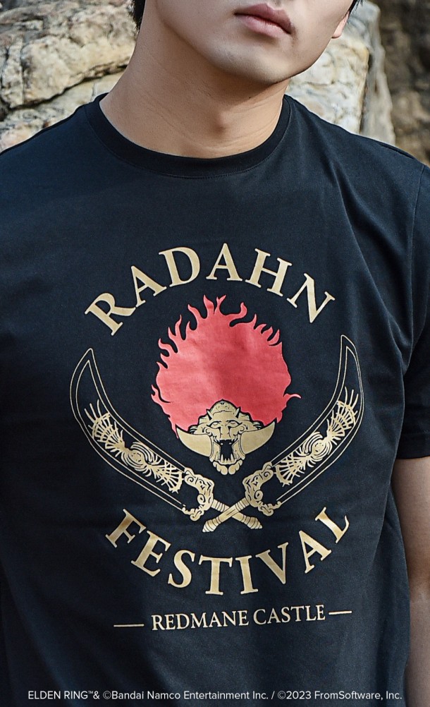 Close up detail on the front print of the Radahn Festival T-Shirt from our Elden Ring collection