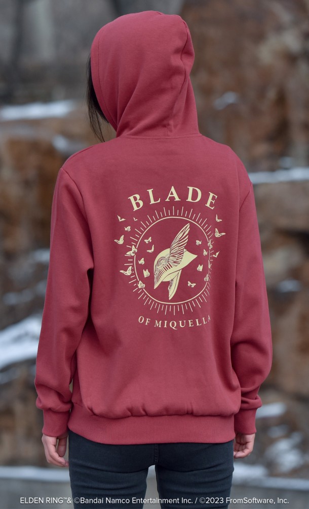 Model is wearing the Blade of Miquella hoodie from our Elden Ring collection