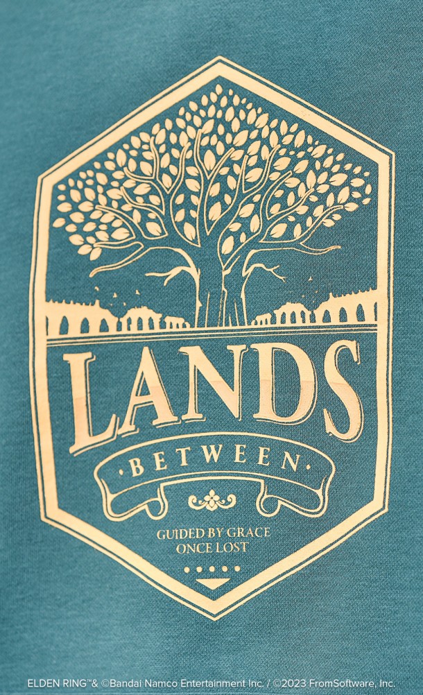 Close up detail on the front print of the Lands Between hoodie from our Elden Ring collection