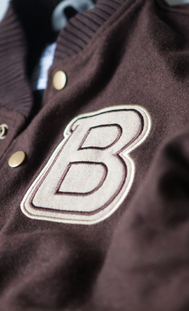 Close up detail on the front of the Hotline Miami varsity jacket from our Hotline Miami collection