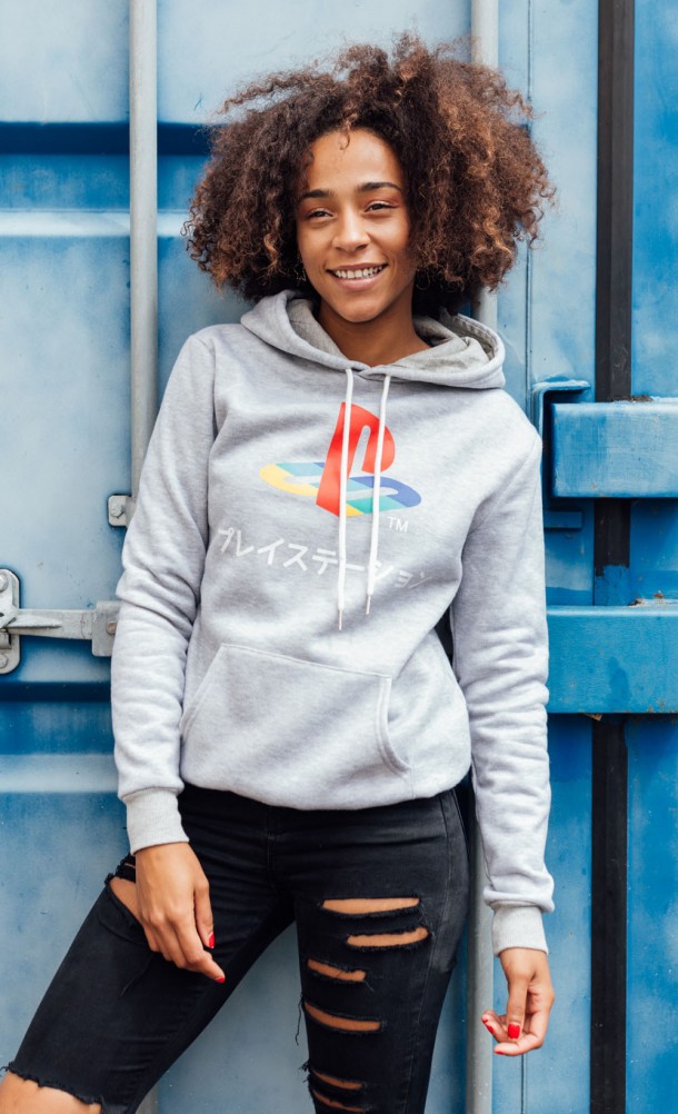 Model wearing the PlayStation Classic hoodie from our PlayStation collection