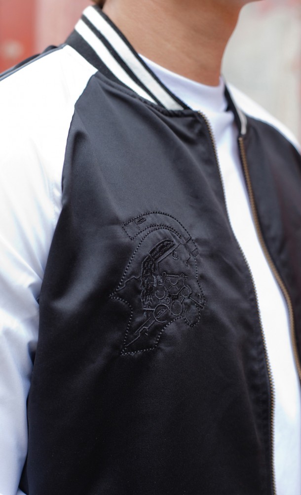Close up detail on front print of the Hideo Souvenir jacket from our Kojima Productions collection