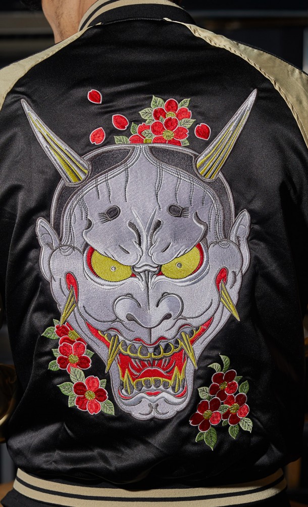 Close up detail on the back print of the Mad Dog Majima Souvenir jacket from our Yakuza collection
