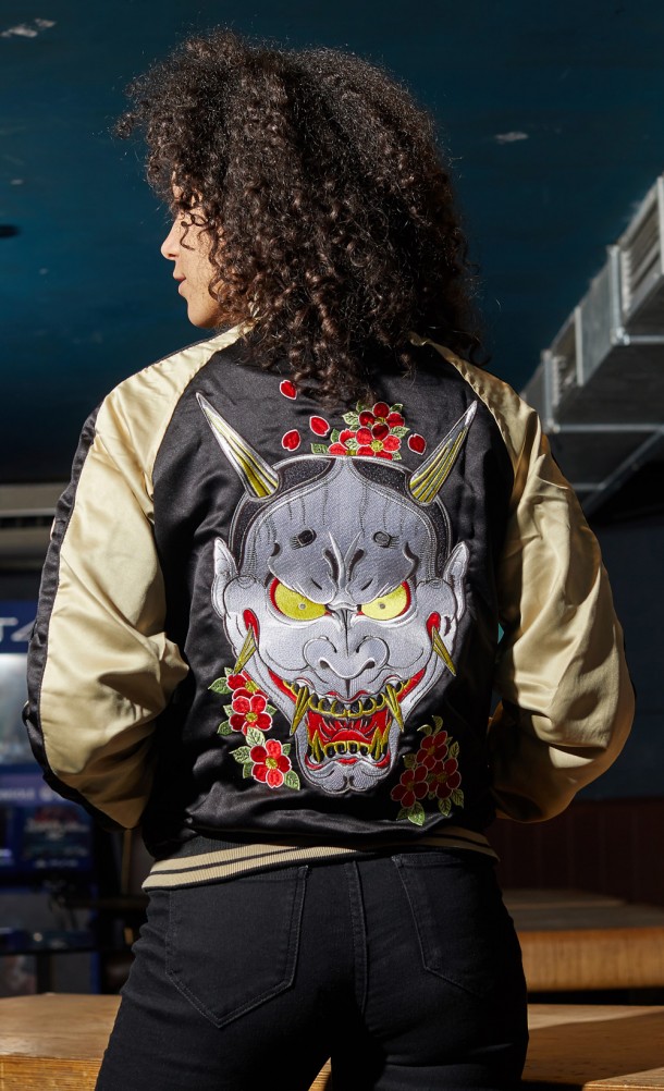 Model wearing the Mad Dog Majima Souvenir jacket from our Yakuza collection