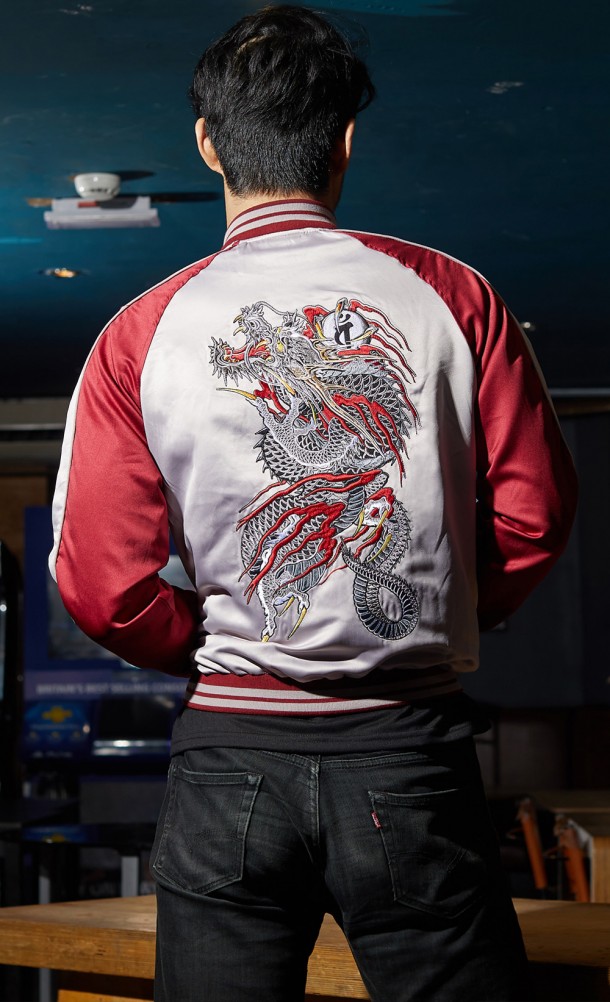 Model wearing The Dragon of Dojima Souvenir jacket from our Yakuza collection