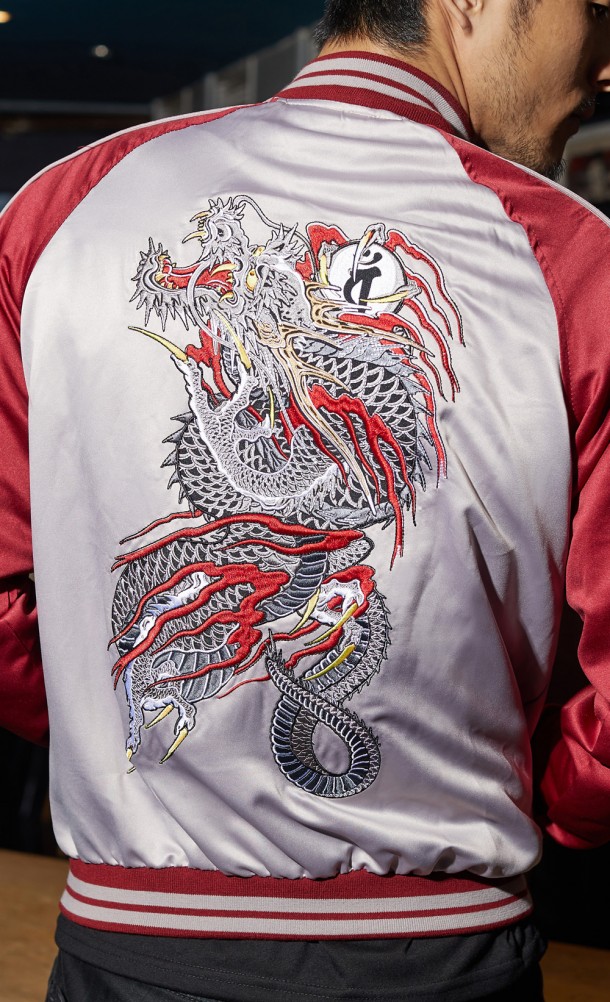 Close up detail on back print of The Dragon of Dojima Souvenir jacket from our Yakuza collection