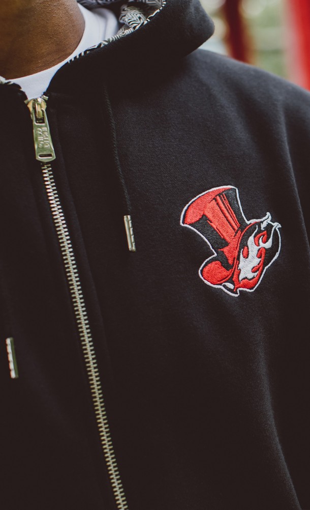 Close up detail on the chest print of the Take Your Heart hoodie from our Persona 5 collection
